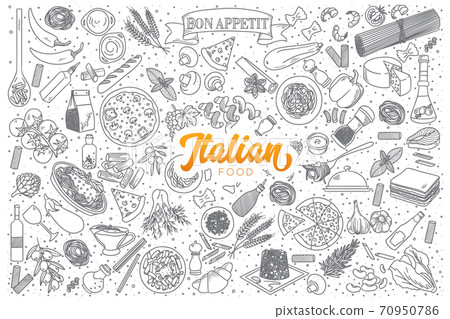 Italian food doodle set with orange lettering 70950786