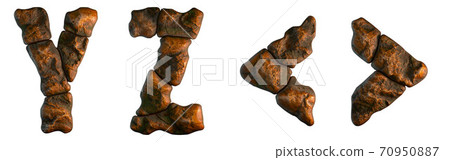 Set of rocky letters Y, Z. and symbol left, right angle bracket. Font of stone on white background. 3d Set of rocky letters Y, Z. and symbol left, right angle bracket. Font of stone on white background. 3d 70950887