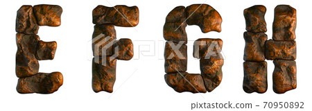 Set of rocky letters E, F, G, H. Font of stone on white background. 3d 70950892