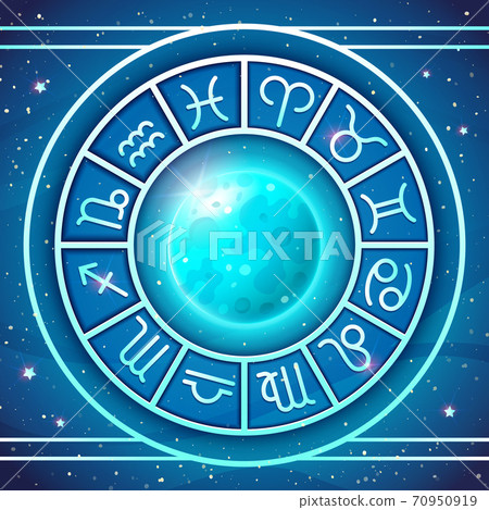Zodiac Wheel with zodiac signs set with Blue Moon Zodiac Wheel with zodiac signs set with Blue Moon 70950919