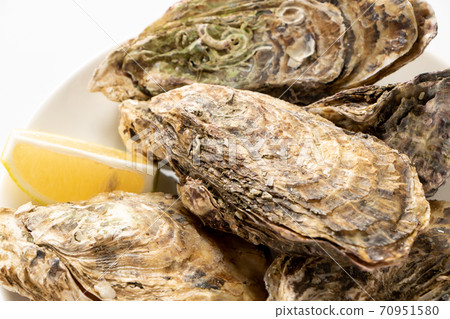 Served with oysters and lemon with shells. (White background) 70951580