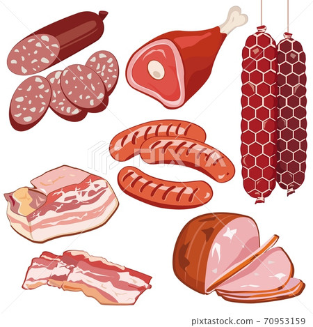Cartoon delicious meat products. Vector illustration set. Cartoon delicious meat products. Vector illustration set. 70953159