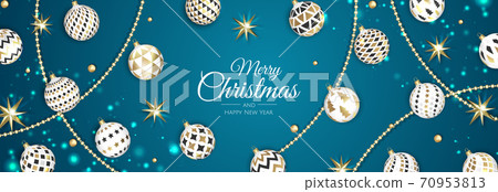 Merry Christmas web banner, gold and red xmas ball. Background for invitation or seasons greeting. Merry Christmas web banner, gold and red xmas ball. Background for invitation or seasons greeting. 70953813