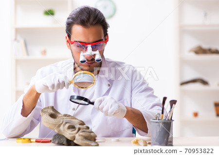 Young male archaeologist studying ancient african stonemask 70953822