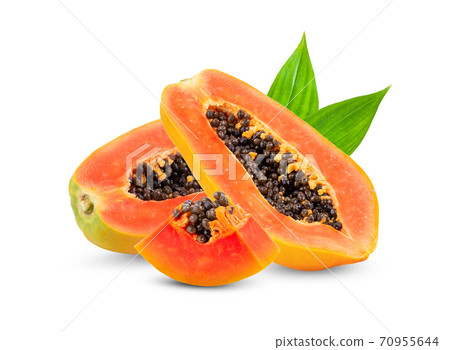 ripe slice papaya with leaf isolated on white background. full depth of field ripe slice papaya with leaf isolated on white background. full depth of field 70955644