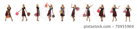 Beautiful young woman in plaid dress isolated on white 70955969