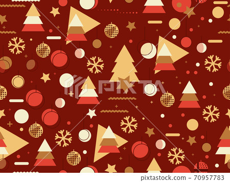 Christmas seamless pattern with Christmas decorations and geometric shapes in 80s style. Festive background for greeting cards, wrapping paper and banners. Vector illustration 70957783