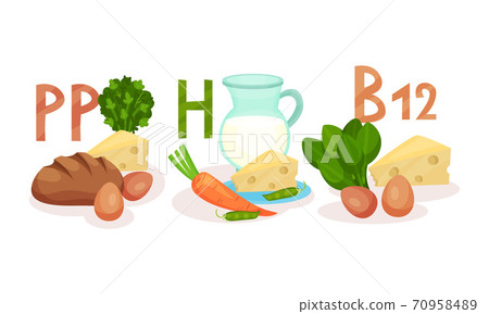 Food Vitamin Group as Healthy Nutrition Vector Composition Set Food Vitamin Group as Healthy Nutrition Vector Composition Set 70958489