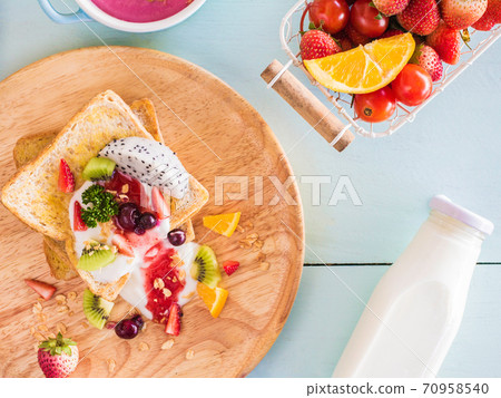 Toast and fruit total milk yogurt with fried egg in a frying pan on wood Toast and fruit total milk yogurt with fried egg in a frying pan on wood 70958540