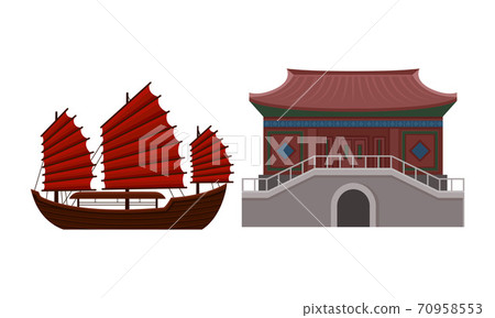 Hong Kong Travel Symbols with Junk as Sailing Ship and Architecture Vector Set 70958553