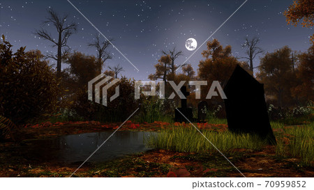 Abandoned old cemetery in spooky night forest 3D 70959852