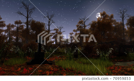 Old tombstone cross in creepy night forest 3D 70959853