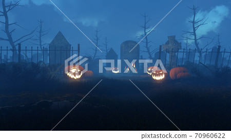 Jack-o-lantern pumpkins at misty night cemetery 3D 70960622