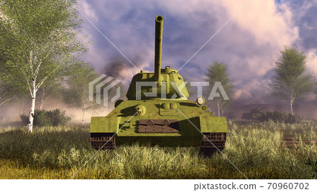Old soviet tank T-34 on battlefield frontal view 70960702