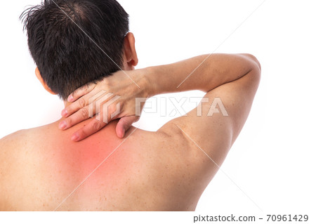 Sore pain of neck. Sprain and arthritis symptoms. middle age man holding his hurt neck Sore pain of neck. Sprain and arthritis symptoms. middle age man holding his hurt neck 70961429