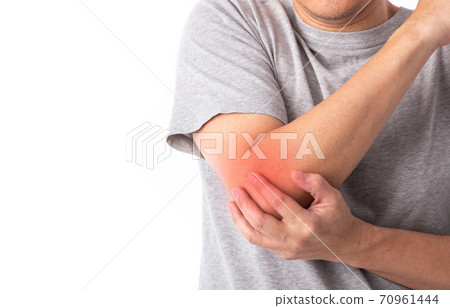 Sore pain of elbow. Sprain and arthritis symptoms. middle age man touching his hurt arm 70961444