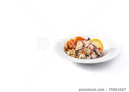 Traditional Peruvian ceviche isolated on white background Traditional Peruvian ceviche isolated on white background 70961687