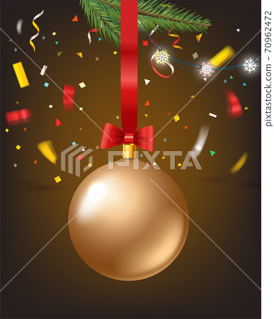 Happy holidays greeting card with confetti and golden bauble 70962472