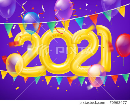 Color ballons and flags and confetti with blank white frame. 2021 70962477