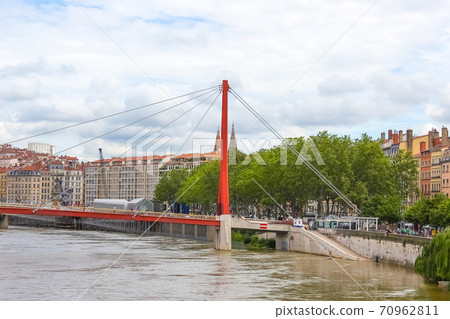 Lion, France - View from river Sona to the bridge and Lyon city 70962811