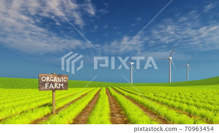 Organic eco farming field and wind turbines 3D Organic eco farming field and wind turbines 3D 70963454