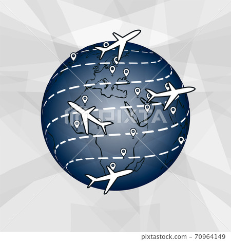 World map with airline routesWorld transportation map with airplanes. Airplane line vector icon of air plane flight route with start point and line trace. Vector illustration.  70964149