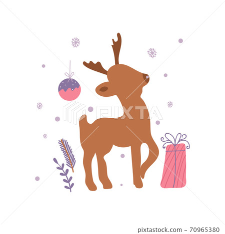 Christmas minimalistic card with reindeer and ball. Vector illustration with winter motif Christmas minimalistic card with reindeer and ball. Vector illustration with winter motif 70965380