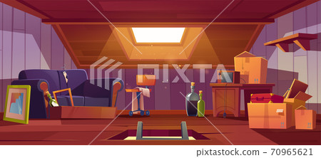 Attic room with ladder in hatch, old things window Attic room with ladder in hatch, old things window 70965621