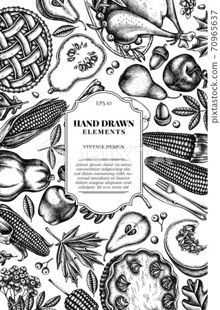 Card design with black and white pumpkin, fork, knife, pears, turkey, pumpkin pie, apple pie, corn 70965637