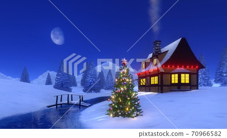 Christmas tree near mountain cabin at winter night 70966582