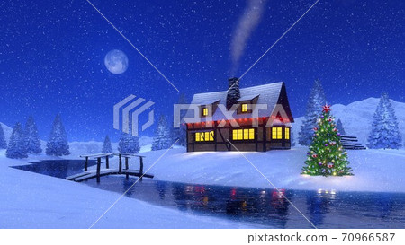 Cozy mountain cabin at snowfall Christmas night 3D 70966587