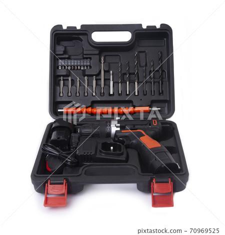 Tool box of electric drill and screwdriver with accessory set. 70969525