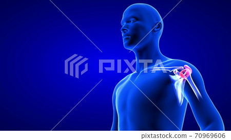 Shoulders Pain close-up illustration. Blue Human Anatomy Body 3D Scan render on blue background 70969606