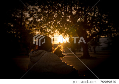 Snuggle up with your dog in the setting sun Snuggle up with your dog in the setting sun 70969610