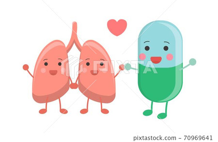健康的肺跟綠色藍色膠囊和平共處,卡通漫畫插畫圖標 健康的肺跟綠色藍色膠囊和平共處,卡通漫畫插畫圖標 70969641