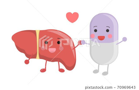 健康的肝臟跟紫色的膠囊和平共處,卡通漫畫插畫圖標 健康的肝臟跟紫色的膠囊和平共處,卡通漫畫插畫圖標 70969643