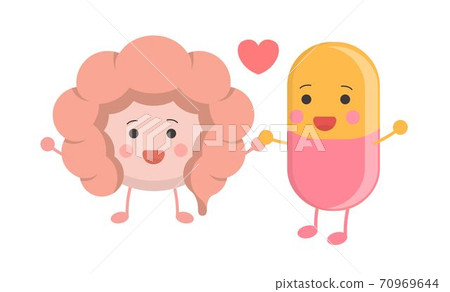 Healthy intestines coexist peacefully with yellow pink capsules, cartoon comic illustration icon 70969644