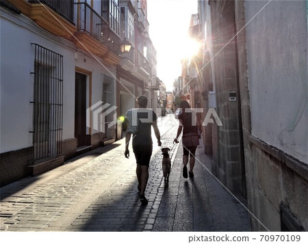 European street corner landscape where a couple is walking their dog European street corner landscape where a couple is walking their dog 70970109