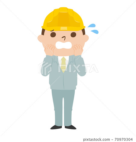 一位男性建造者的例證。一個年輕人佩帶的工作服和盔甲。一個男人因麻煩著急。 70970304