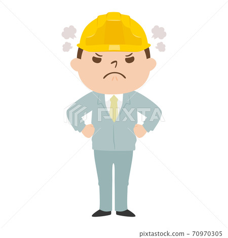 一位男性建造者的例證。一個年輕人佩帶的工作服和盔甲。一個生氣的人。 一位男性建造者的例證。一個年輕人佩帶的工作服和盔甲。一個生氣的人。 70970305