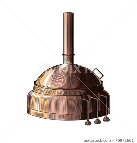 Hand drawn copper cube color brown isolated on white background. Alembic vintage engraved style. Hand drawn distillation of alcohol. Hand drawn copper cube color brown isolated on white background. Alembic vintage engraved style. Hand drawn distillation of alcohol. 70971601