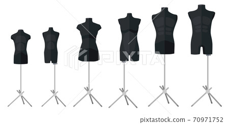 Set tailor mannequins black color on white background. Mannequins form body women, men and children. Silhouette people. 70971752