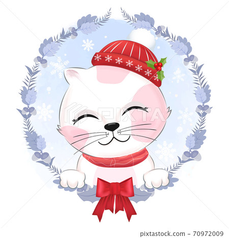 Cute kitten with wreath Christmas illustration. 70972009