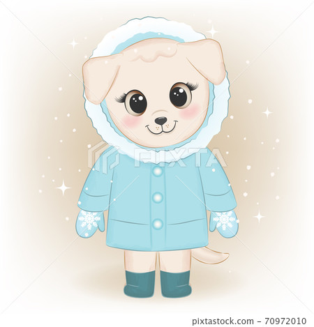 Cute puppy and Snowflake cartoon hand drawn Christmas season watercolor illustration Cute puppy and Snowflake cartoon hand drawn Christmas season watercolor illustration 70972010