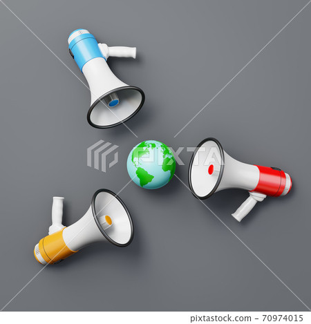 Red, Blue and Yellow Megaphones around the World 70974015