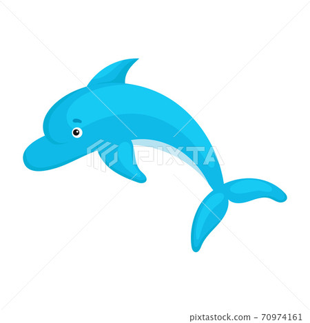 Cute funny dolphin print on white background. Ocean cartoon animal character for design of album, scrapbook, greeting card, invitation, wall decor. Flat colorful vector stock illustration. 70974161