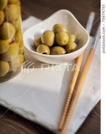Mediterranean food pickled olives, side dish 70974793