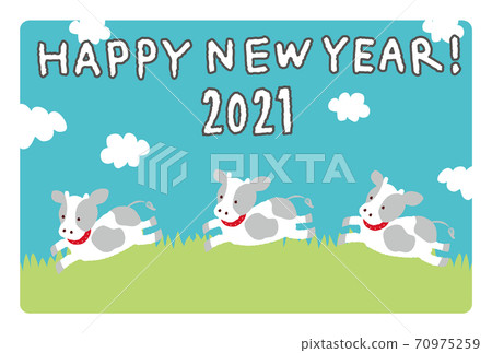 Meadow, sky and calf New Year's card Happy New Year side Meadow, sky and calf New Year's card Happy New Year side 70975259