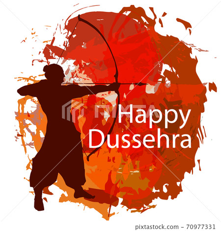 Happy Dussehra background concept. Happy Dussehra celebration card for Indian Festival. Gold Lord Rama taking aim with bow and arrow, killing Ravana. Hand drawn Vector illustration. Happy Dussehra background concept. Happy Dussehra celebration card for Indian Festival. Gold Lord Rama taking aim with bow and arrow, killing Ravana. Hand drawn Vector illustration. 70977331