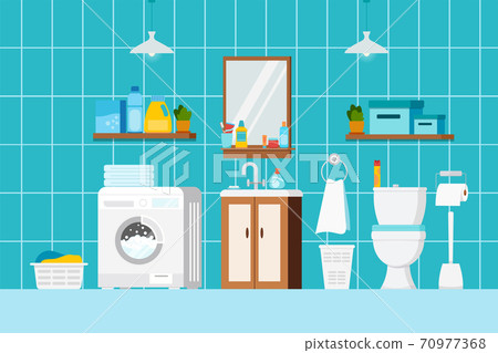 Bathroom interior with furniture, cosmetic beauty products, toilet and washing machine scene. 70977368
